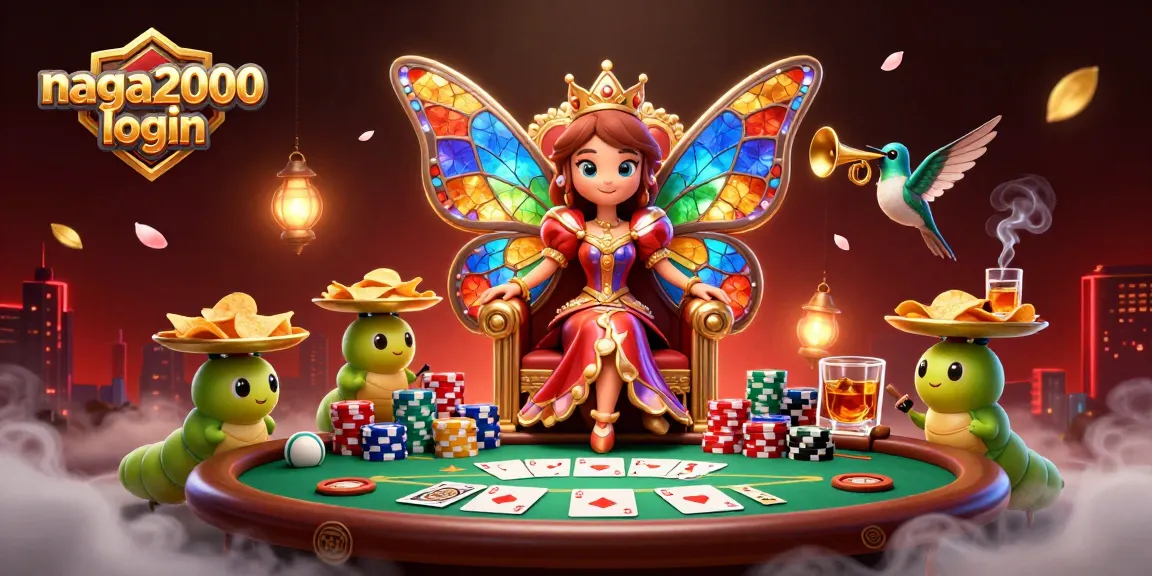 Saksikan aksi seru di NAGA2000 login dengan ilustrasi kasino 3D berwarna-warni yang menampilkan mahkota ratu kupu-kupu mengelilingi meja poker.