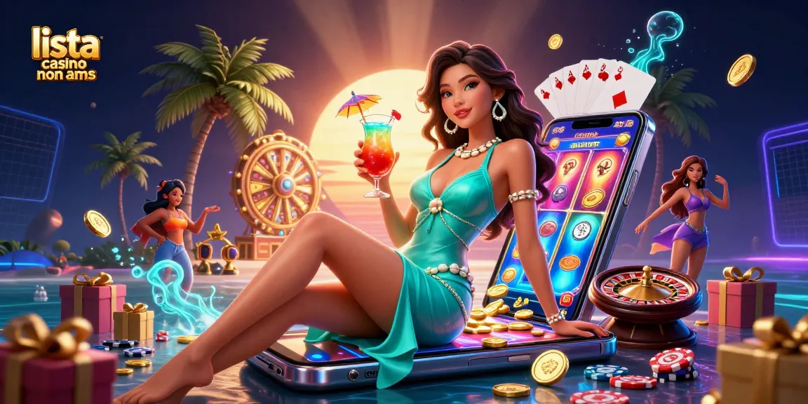 Interagisci con la lista dei casino non AAMS che presenta immagini mozzafiato di una donna glamour e dinamici elementi di casinò.