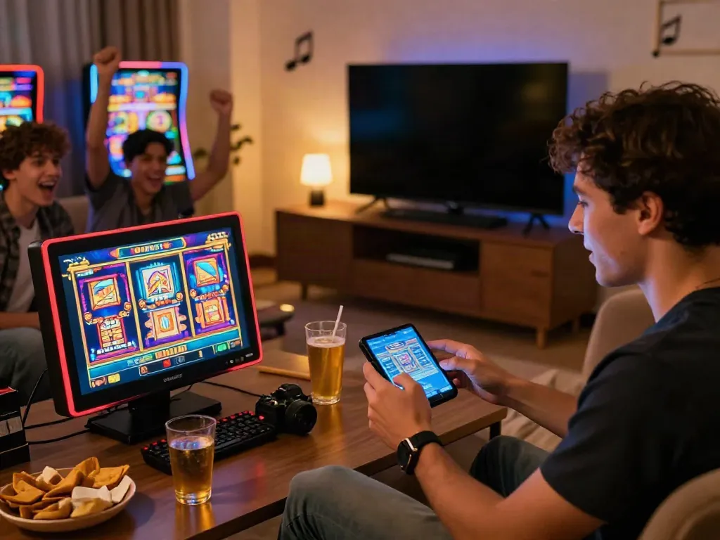 Individual playing slot games on mobile device in a lively home atmosphere with snacks and friends.