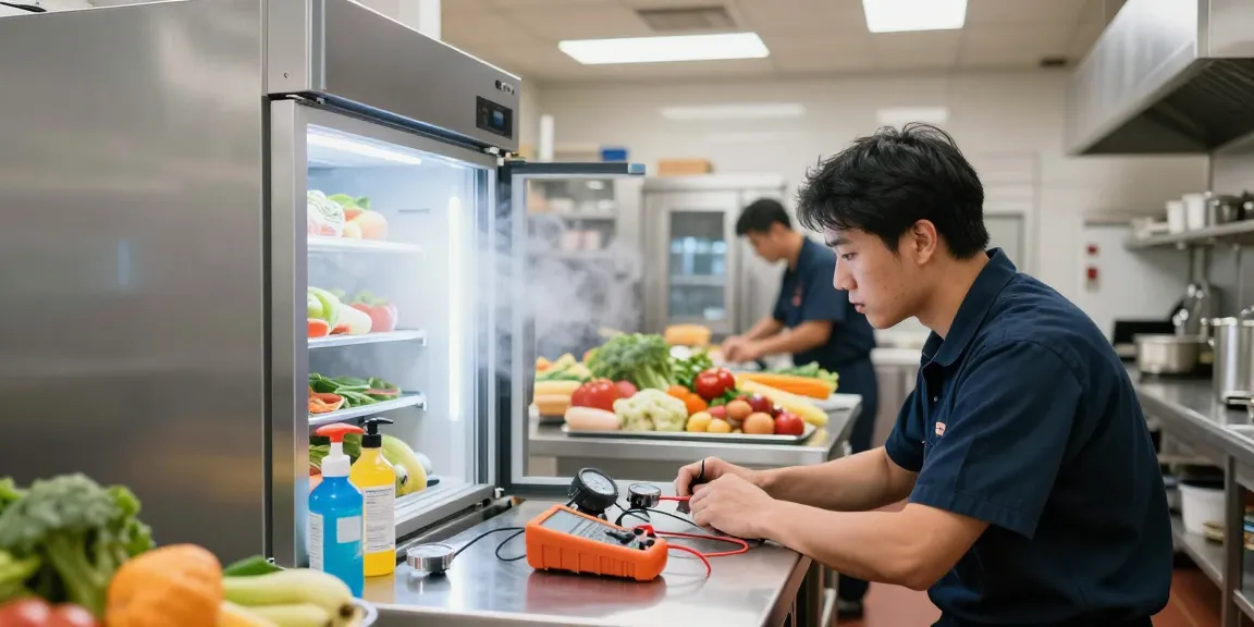 Commercial Refrigerator Repair technician inspecting a fridge in a bustling kitchen.