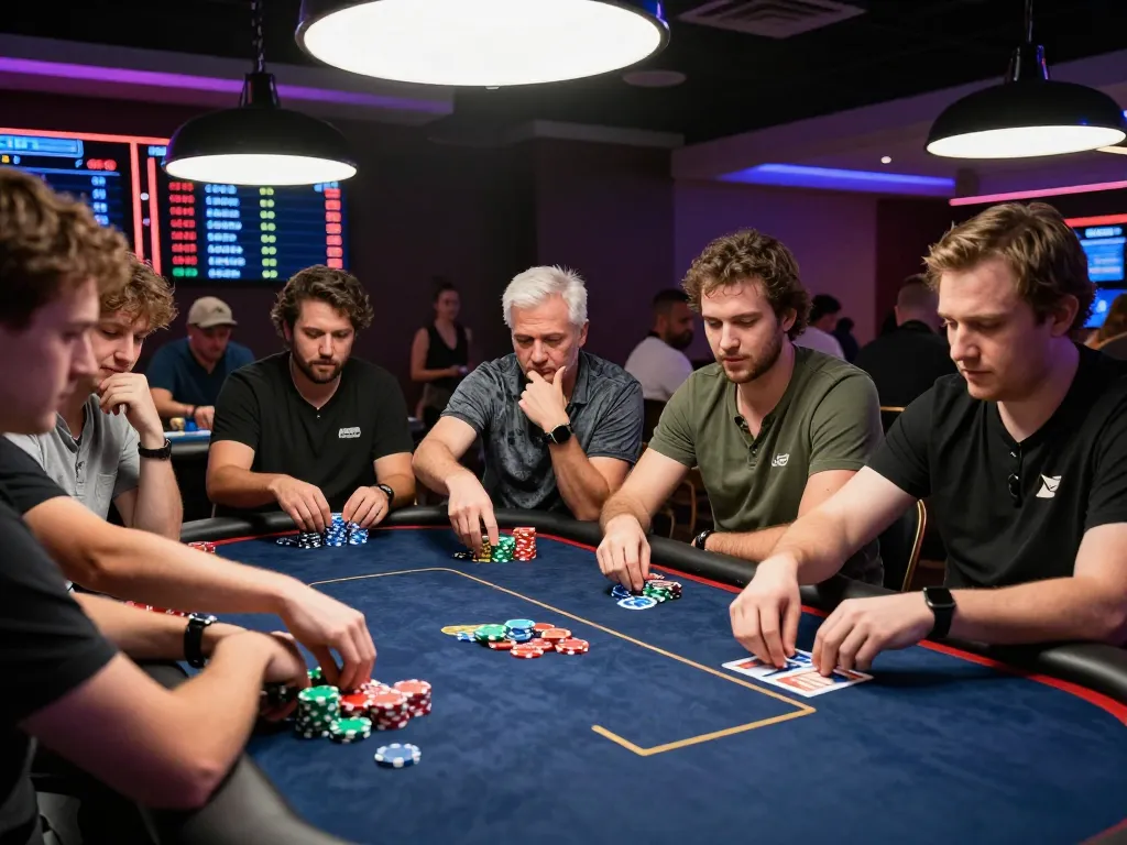 Poker players in action during a Texas Hold'em game, showcasing excitement and strategy in a professional gaming environment.