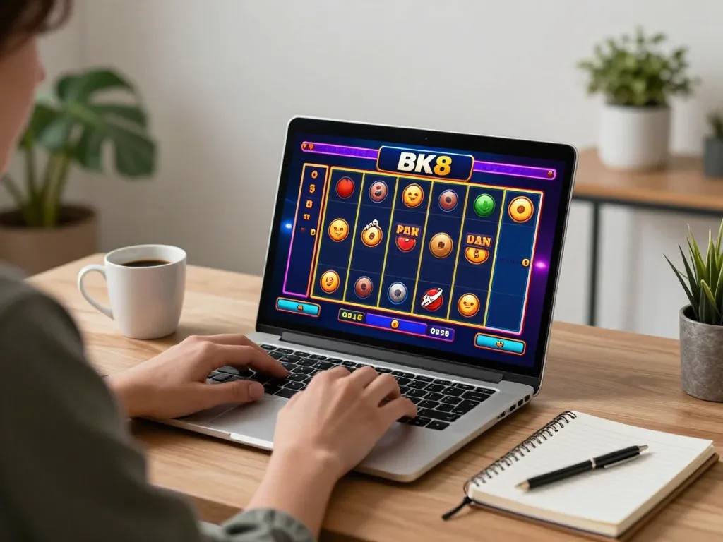 Engaging online gaming session with BK8 slot display on laptop, person strategizing.