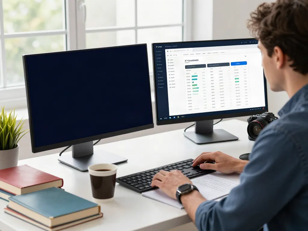 AI content creation for SEO specialists in a professional workspace, expert analyzing metrics on dual monitors.