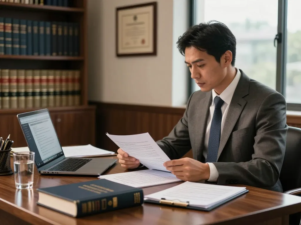 Legal services USA office scene with attorney reviewing case files in a professional setting.