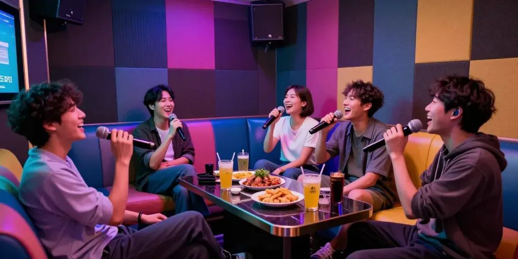 강남도파민에서 친구들과 즐거운 Karaoke 순간을 나누는 모습, 현대적인 분위기 속에서 웃음과 노래가 가득한 장면