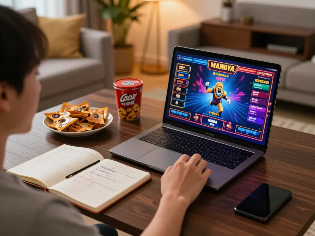 Engaged player enjoying a thrilling slot game experience on jun88bet, surrounded by snacks and strategy notes in a cozy setting.