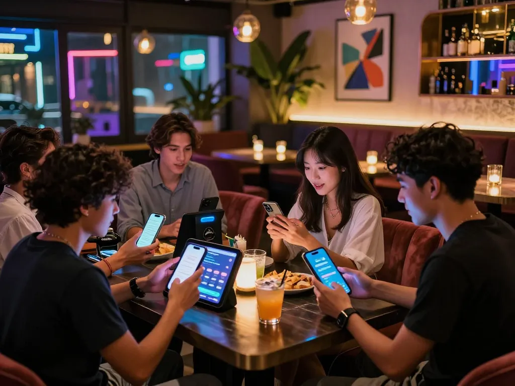 Engaged users enjoying nsfw ai chat in a lively urban lounge, neon lights highlighting the atmosphere.