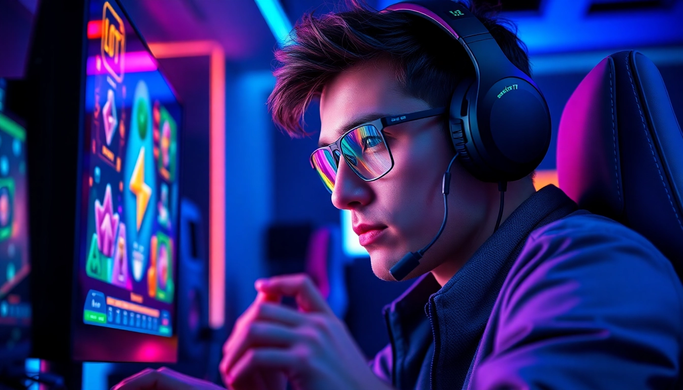 Slot77 gaming experience with intense focus on vibrant neon-lit screen and professional setup.