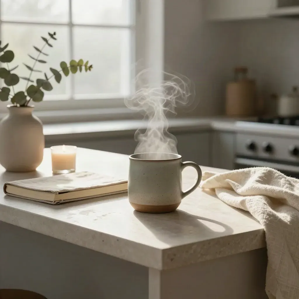 Steam mug, linen journal, eucalyptus, candle, and cream throw on a plaster island.