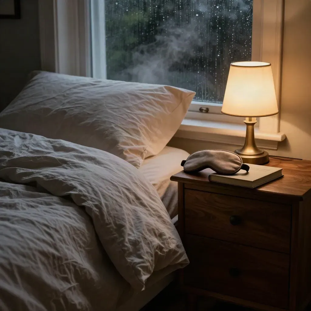 Bedside still life in rain: duvet, sleep mask, paperback, and glowing lamp.