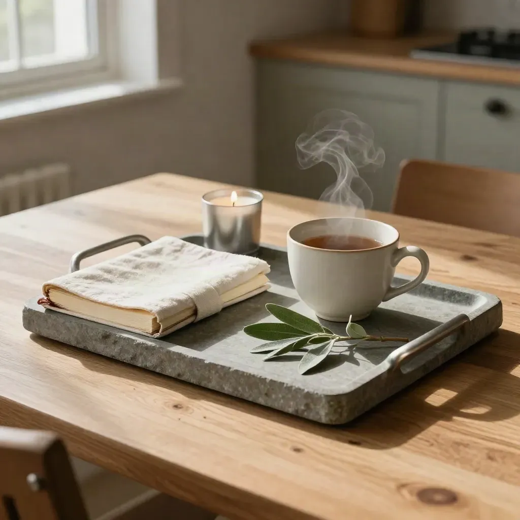 Stone tray with journal, tea, candle, cloth, and sage branch on a sunlit kitchen table.