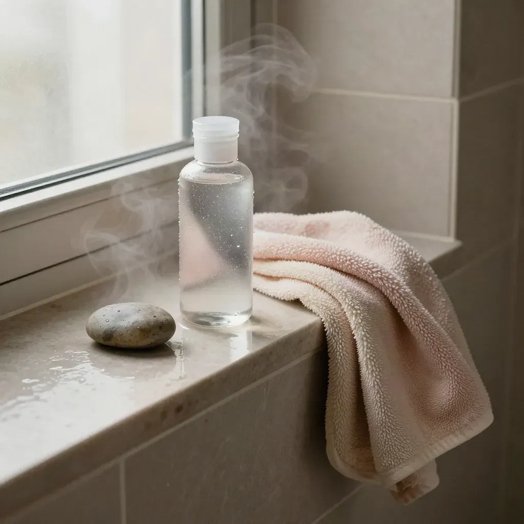 Steam on a bathroom windowsill with roller bottle, river stone, and blush towel.