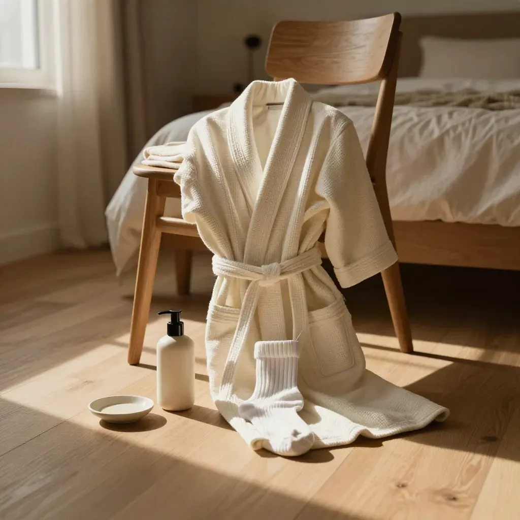Cream robe on a wooden chair with lotion, socks and a ceramic dish in warm evening light.