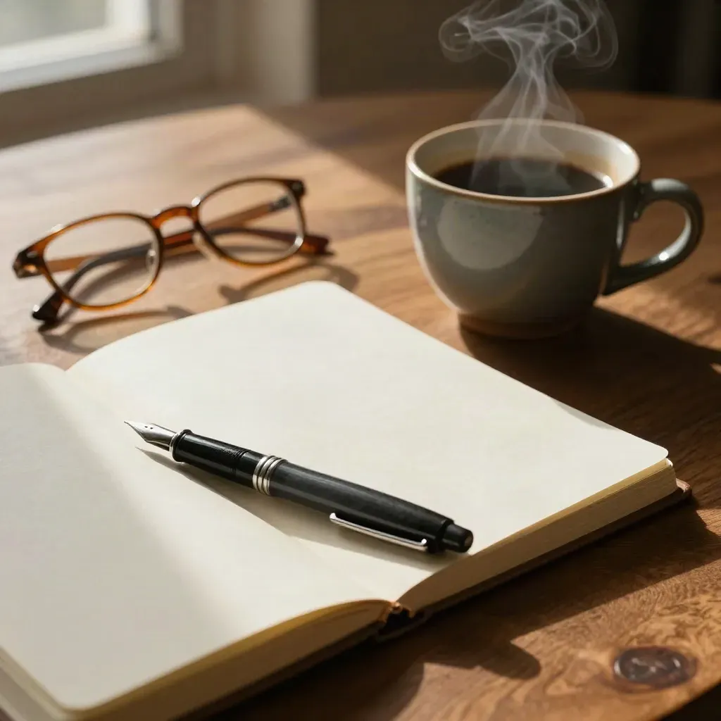 Open journal, steaming coffee cup, fountain pen, and face-down glasses on a warm breakfast table.