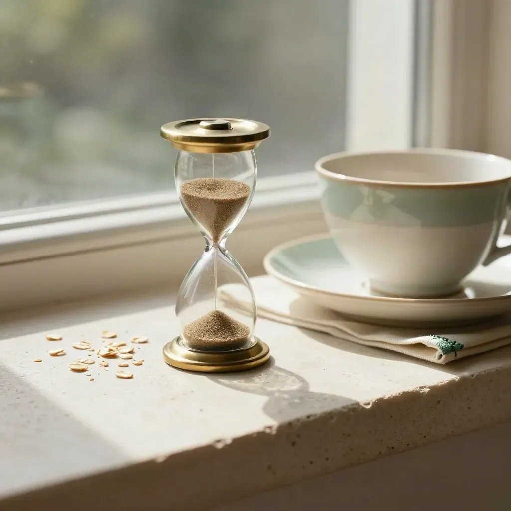 Tiny sand timer, teacup and folded napkin on a sunlit stone ledge with grains still falling.