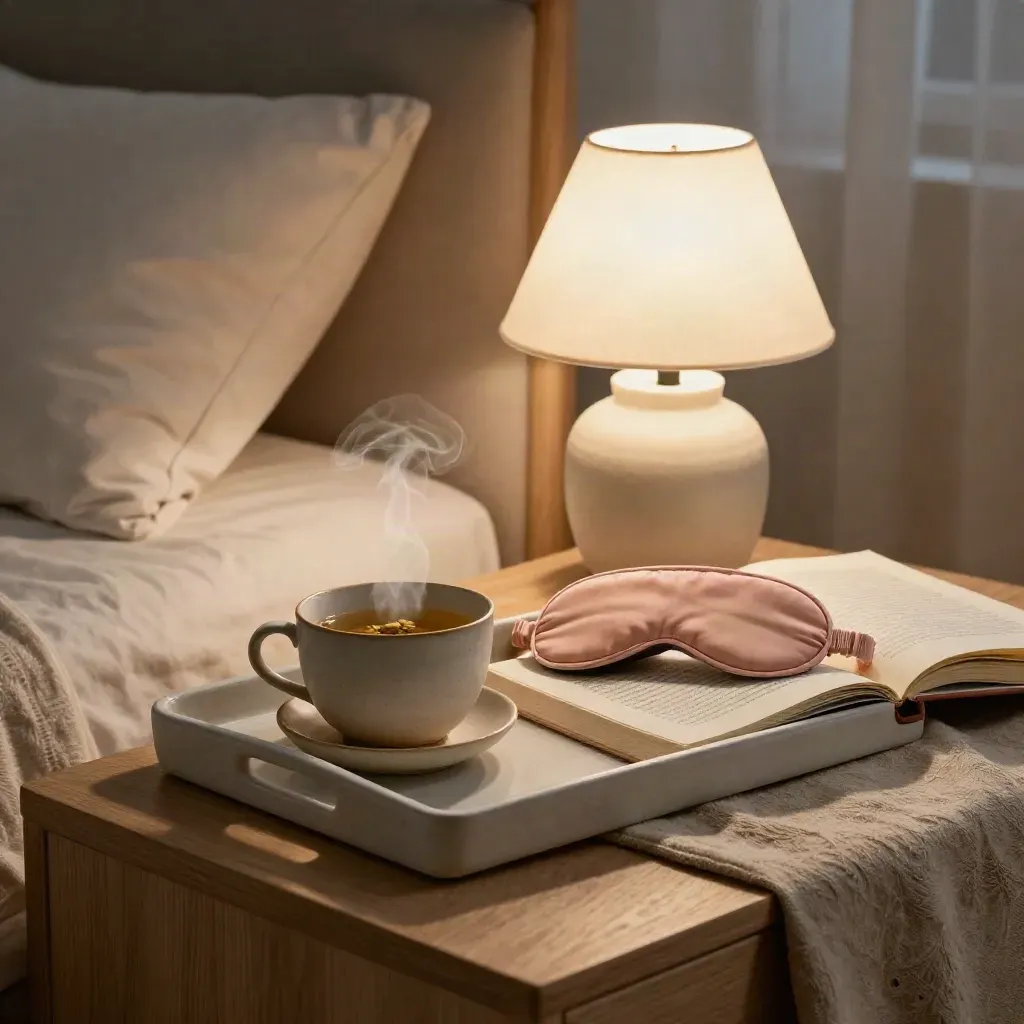 Bedside tray with chamomile tea, sleep mask, lamp and book in a calm bedtime scene.