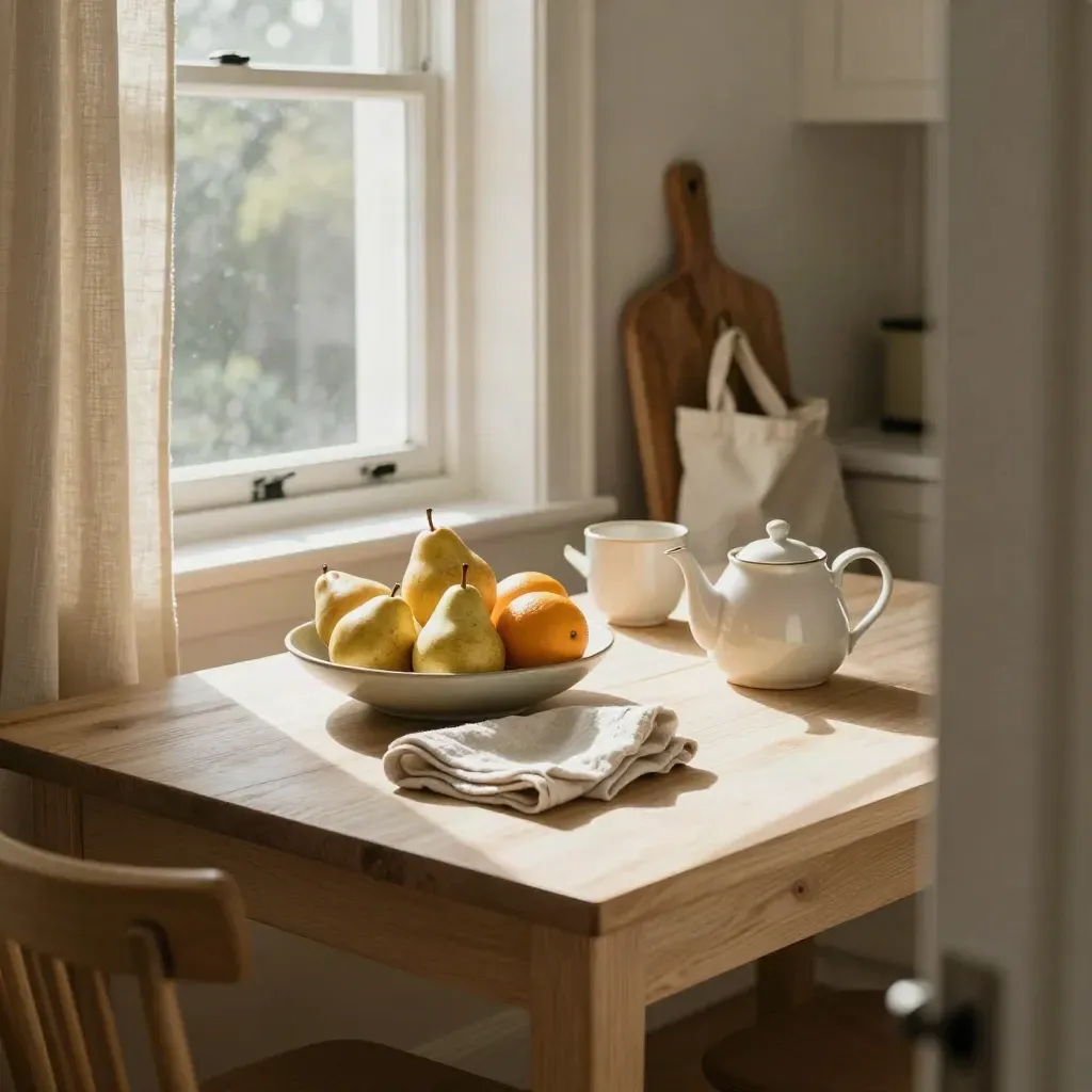 Sunny kitchen breakfast prep with fruit bowl, teapot, grocery tote and bread board.