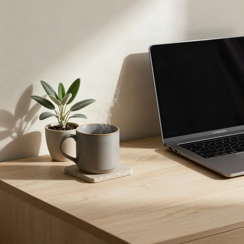 Closed laptop, mug, stone coaster, and small plant on a sunlit desk.