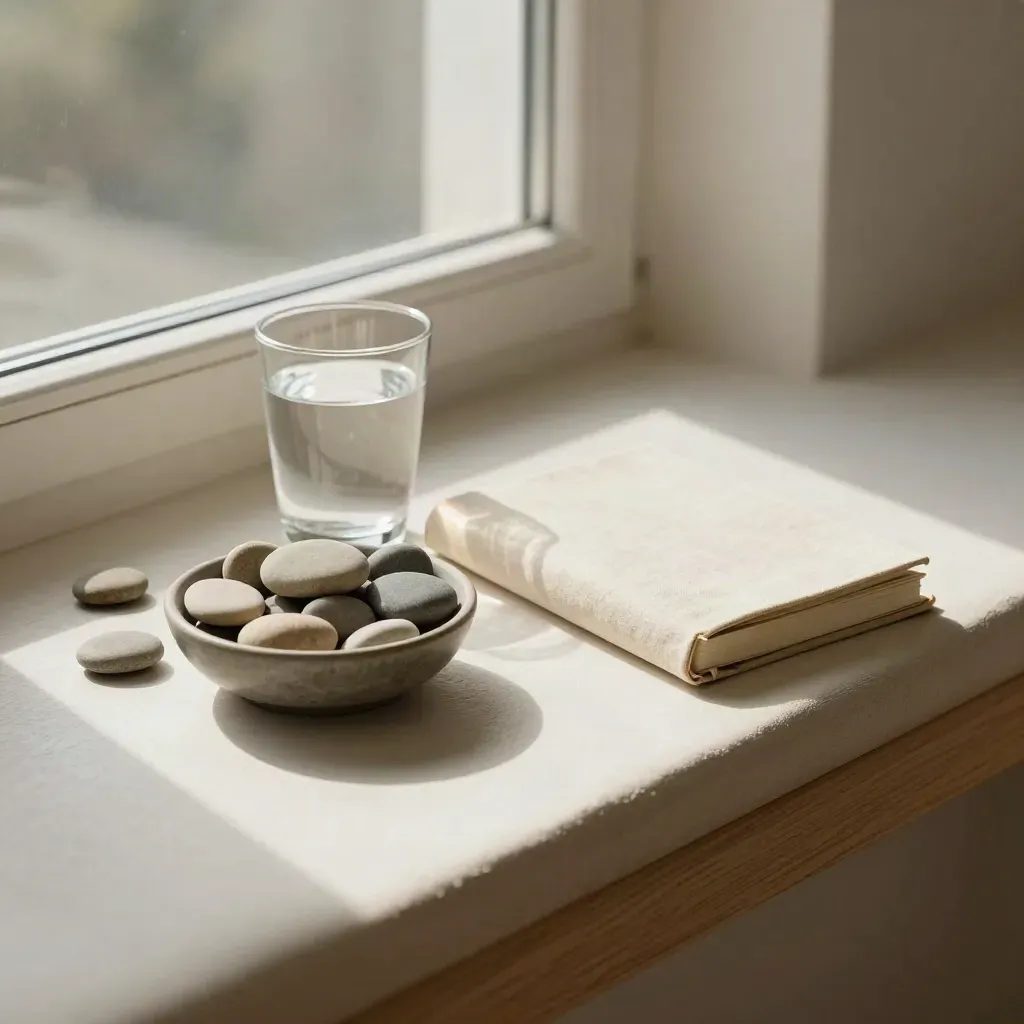 Stones, closed notebook, and water glass on a sunlit window bench