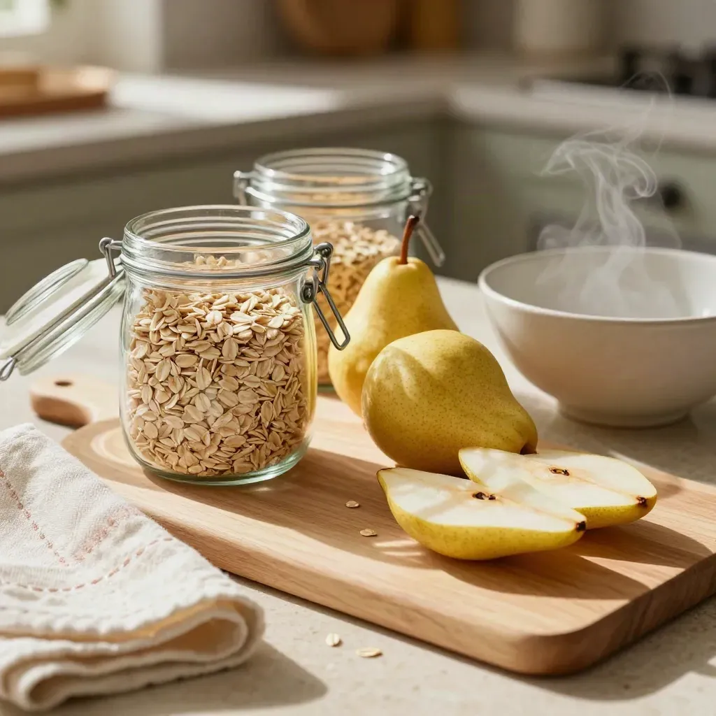 Oats jar, pears, towel and ceramic bowl on a sunlit kitchen counter with morning steam