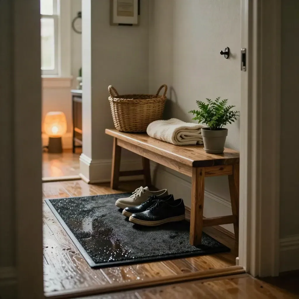 Rain-damp sneakers by an entryway bench with basket, blanket, and plant in a cozy home corner.