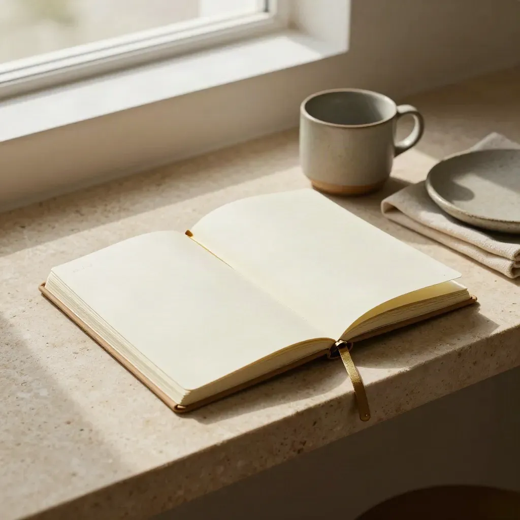 Half-open cream habit notebook with brass ring, ceramic cup and folded cloth on pale stone.