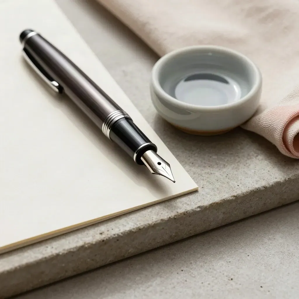 Fountain pen with ink bead beside cream card and ceramic dish on a stone tray