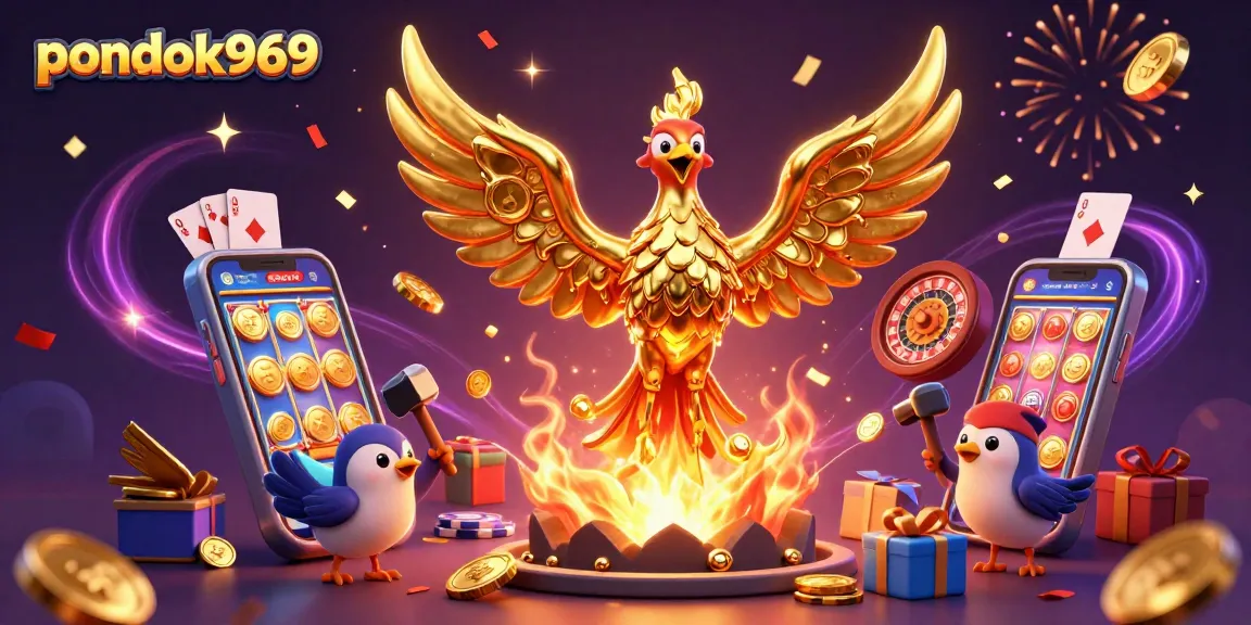 Experience thrilling wins at pondok969 with a vibrant 3D illustration showcasing golden phoenix, slot games, and exciting casino elements.