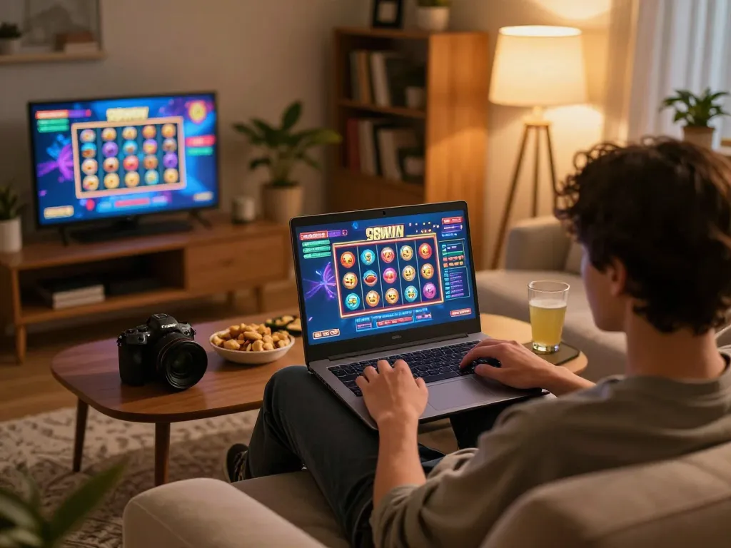 Player enjoying 98win slots on laptop at home, highlighting engaging online gaming experience.