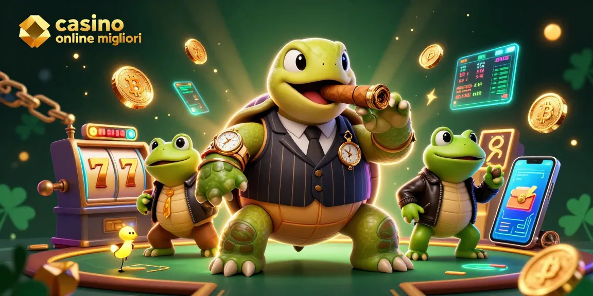 I migliori casino online con una tartaruga in costume d'epoca e animali del casinò in un'illustrazione vivace.