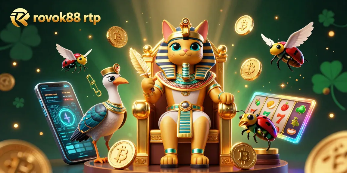 Engage with rokok88 rtp in a vibrant casino scene featuring an Egyptian cat and crypto elements.