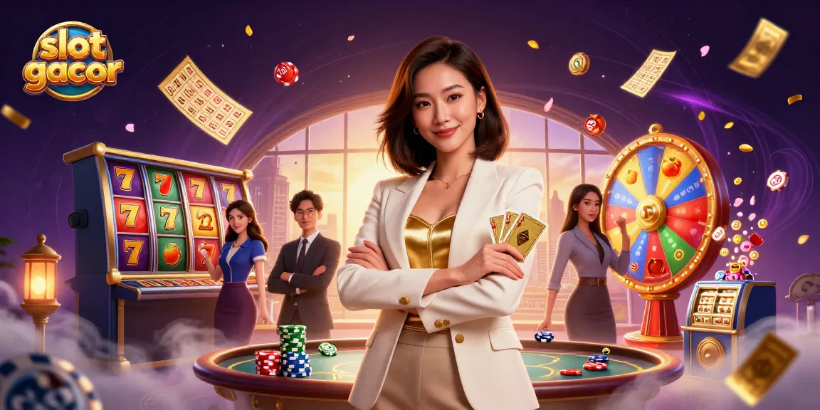 Experience the excitement of slot gacor with a glamorous casino scene dynamically filled with game elements.
