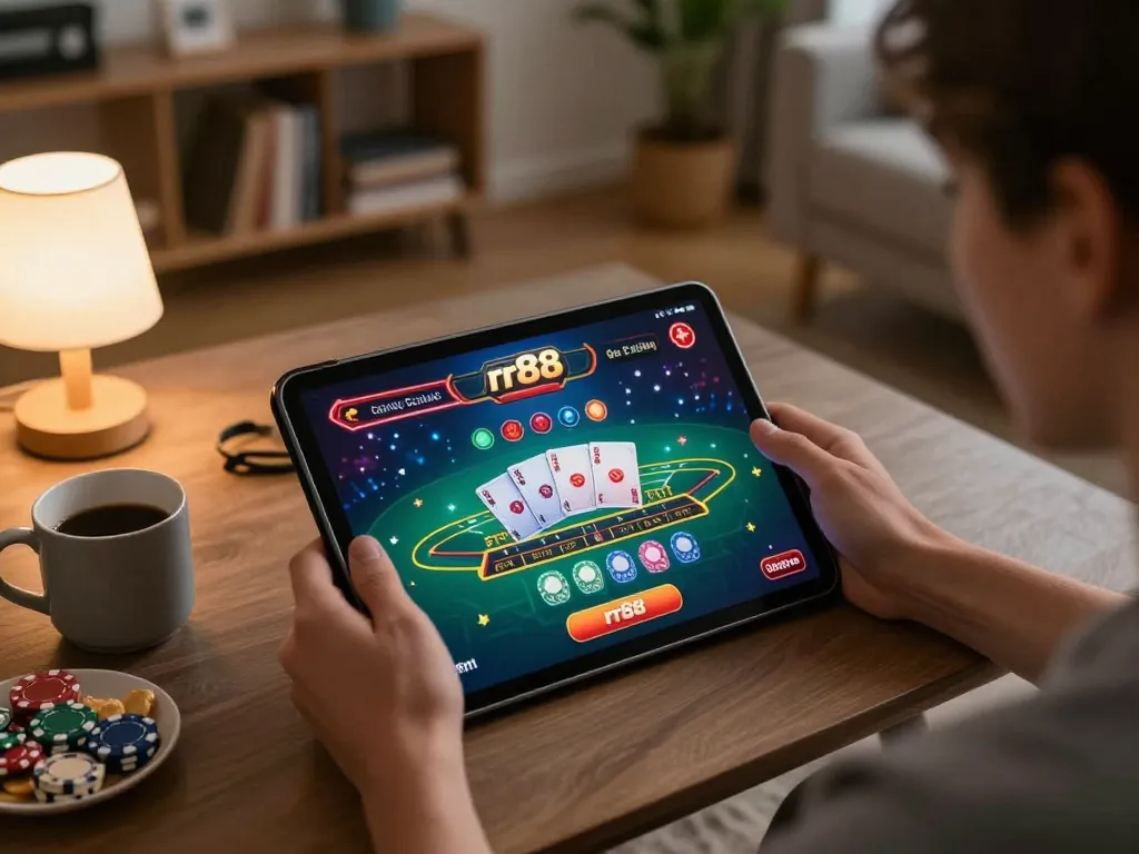 Player using rr88 app on tablet for a thrilling online gambling experience