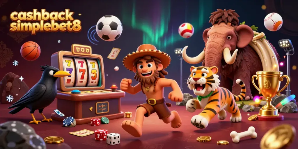 Engaging scene with cashback simplebet8 showing a prehistoric casino run by cartoon characters with dynamic sports elements.