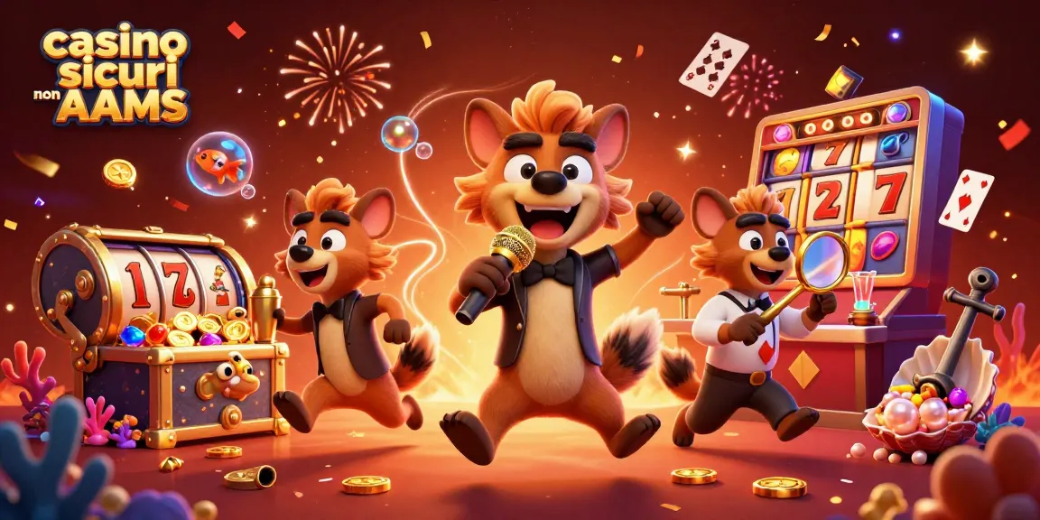 Divertiti nei casino sicuri non AAMS con personaggi animati e slot scintillanti in un'illustrazione accattivante.