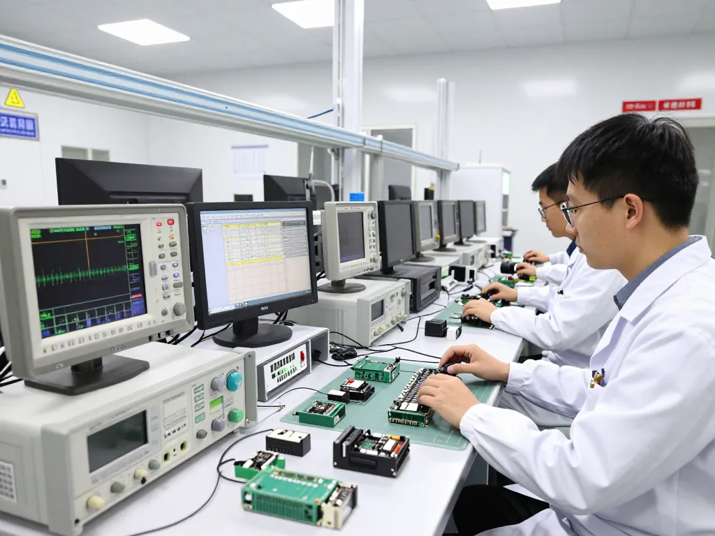 Automotive Electronic subassambly testing in a high-tech lab with engineers analyzing detailed data.