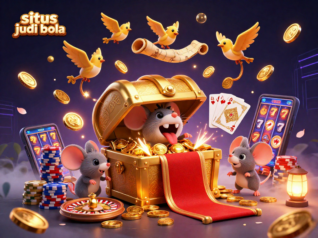 Winning at situs judi bola with a captivating 3D illustration showcasing vibrant casino elements.