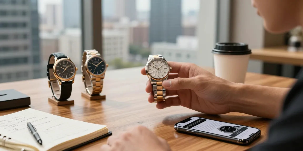 Admiring replica watch details in a stylish urban setting with expert insights.