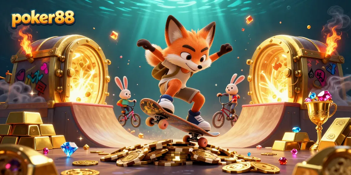 Experience poker88 thrills with a 3D illustrated fox and rabbit in a casino-themed scene.