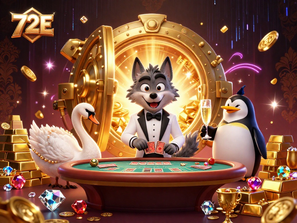 Os jogadores no 72E desfrutando de uma mesa de baccarat com personagens elegantes e tesouros ao redor.