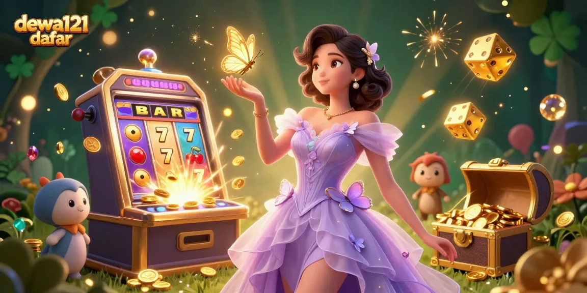 Mainkan slot menarik di dewa121 daftar dengan ilustrasi kasino yang kaya dan berwarna-warni menampilkan kupu-kupu emas dan jackpot.