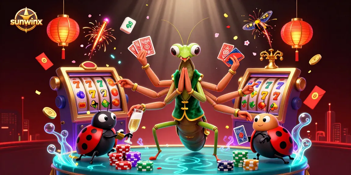 Engage in exciting gameplay at sunwinx with vibrant slot reels, giant praying mantis dealer, and festive decorations.