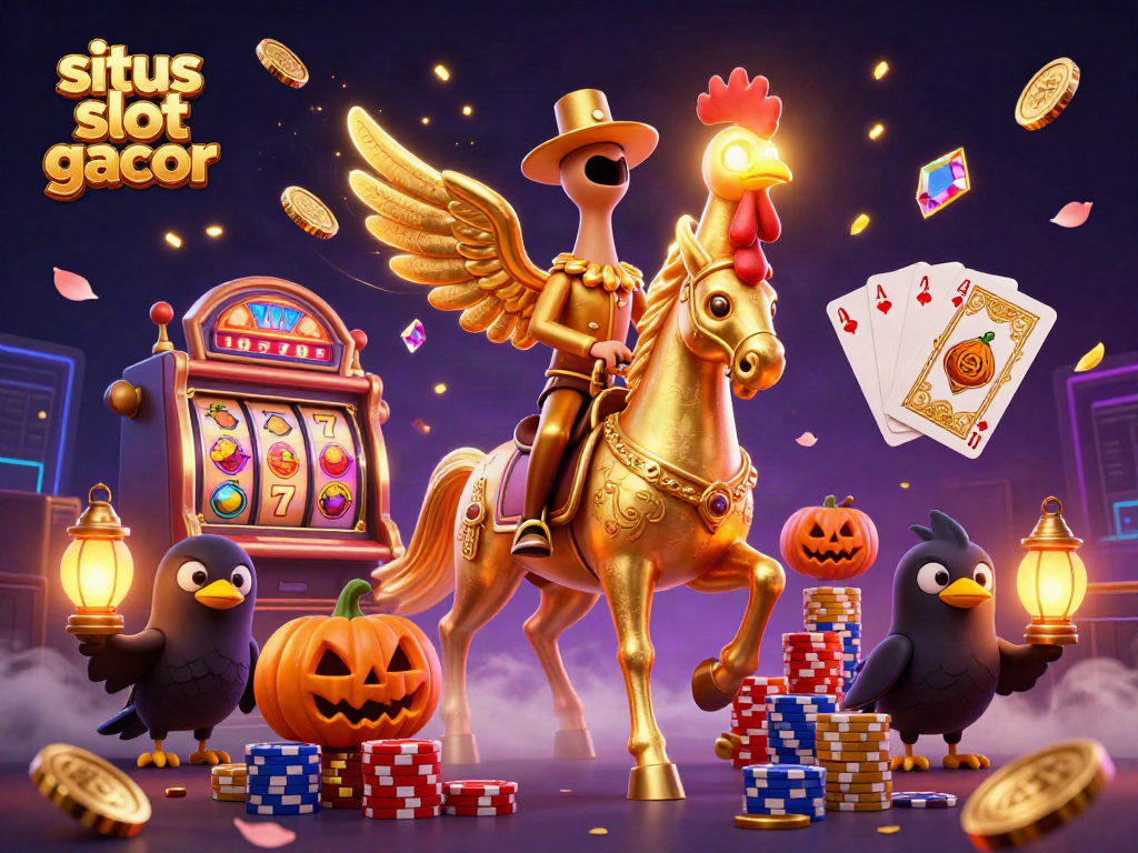 Experience the thrill of situs slot gacor with a vibrant 3D illustration of a golden rooster in a buzzing casino.