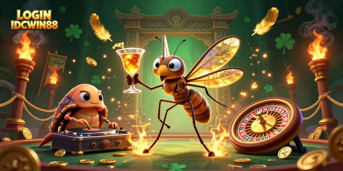 Experience LOGIN IDCWIN88 with a vibrant casino scene showcasing a unique frozen mosquito and trilobite DJ.