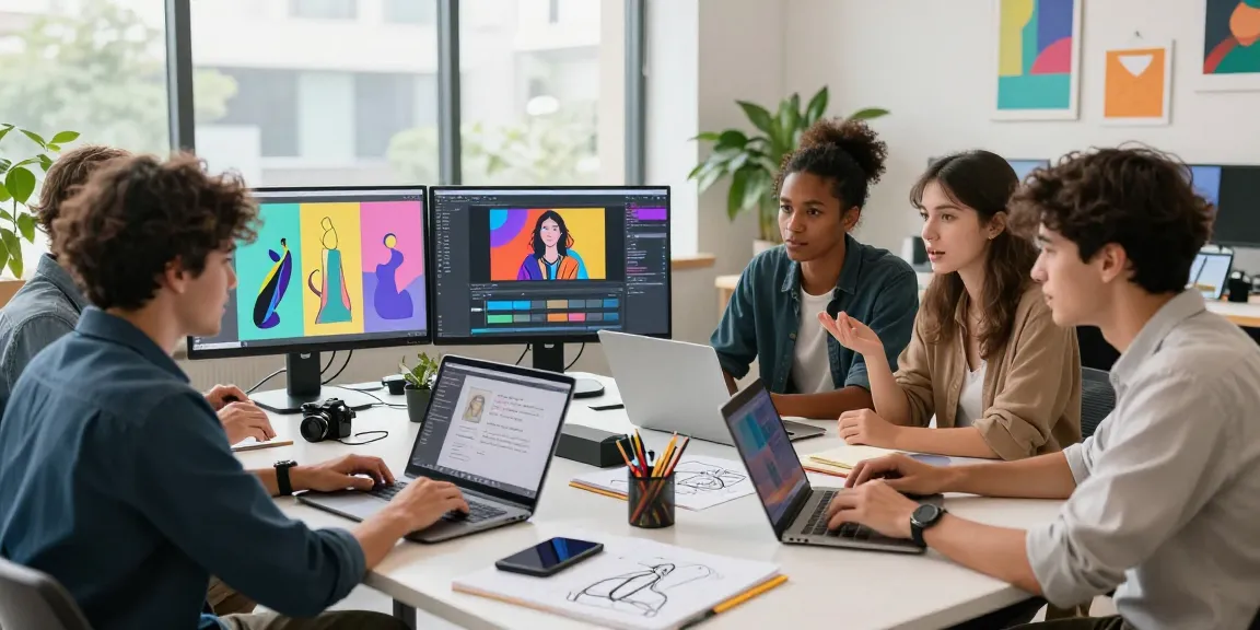 Collaboration among creators using nano banana pro in a bright workspace.