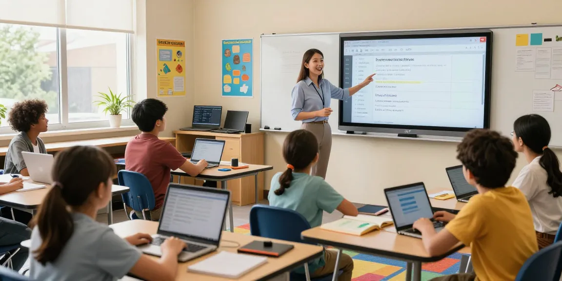 Students using an online teacher planner, EMStudio app in classroom, displaying interactive learning and classroom management application.