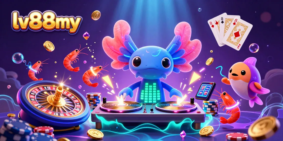 Engage in the vibrant casino world of lv88my with an axolotl DJ surrounded by dynamic game elements.