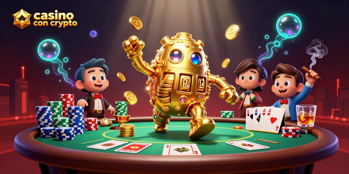 Gioca in un casino con crypto mentre un golem d'oro anima i tavoli da poker con scintillanti monete sottili.