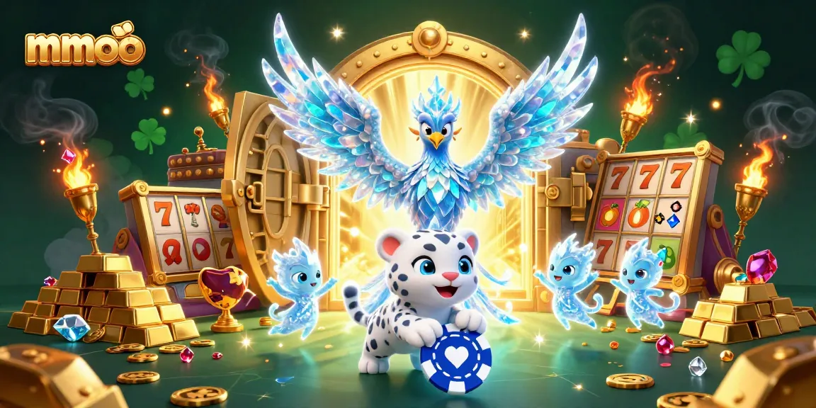 Engage in exhilarating mmoo casino adventures with a 3D phoenix, poker chips, and dazzling treasures.