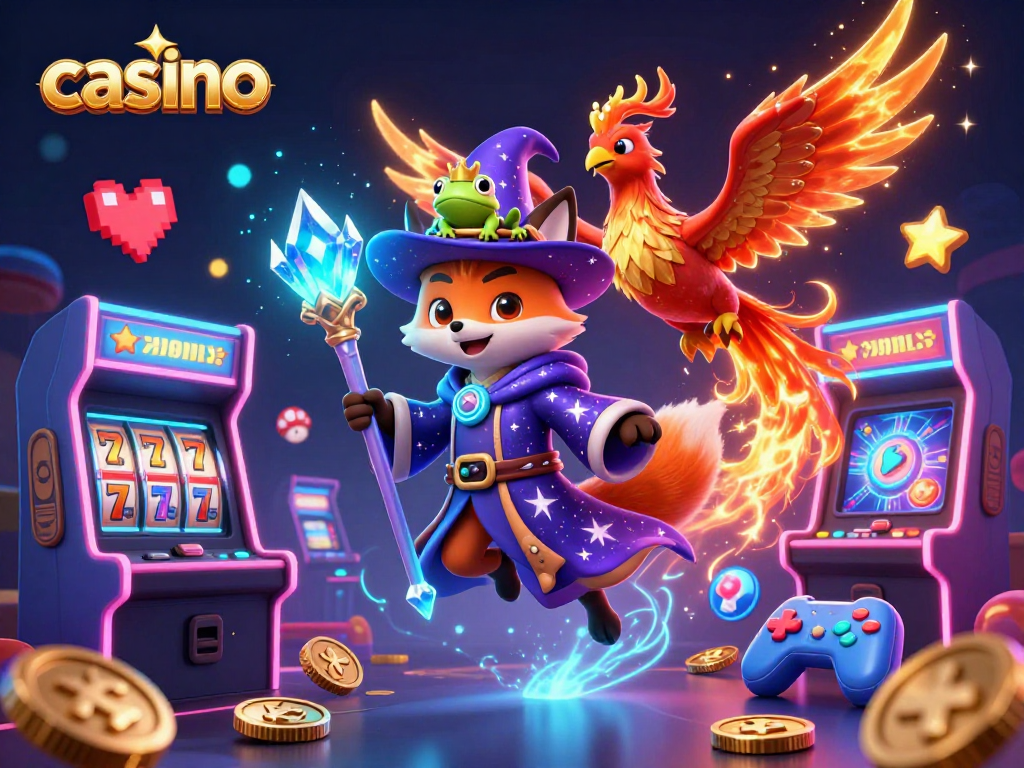 Engage with a vibrant casino scene featuring animated wizard fox, phoenix, and magical elements.